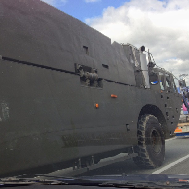 Waiting for a traffic light next to an SDF vehicle.