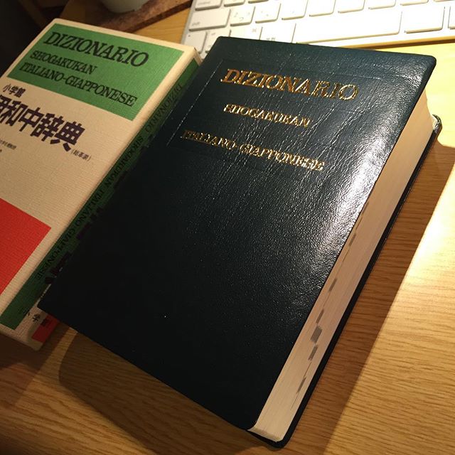 2週間ほど前に縁あっていただいたイタリア語の辞書、今気がついたけど革装丁！自分の専門の英語でもドイツ語でもそんな豪華なの買った事ないのに！