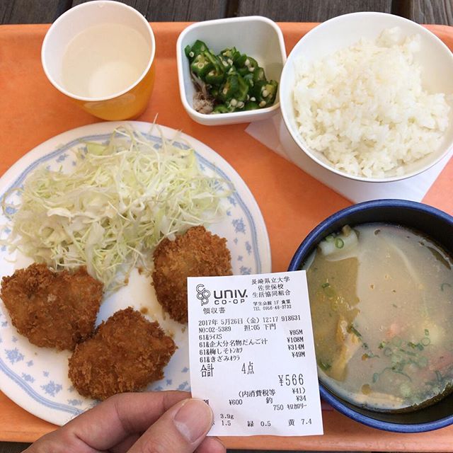 梅しそトンカツ、オクラ、豚汁。豚汁にはきしめん的な太い麺が入ってるよ。#今日の昼ごはん